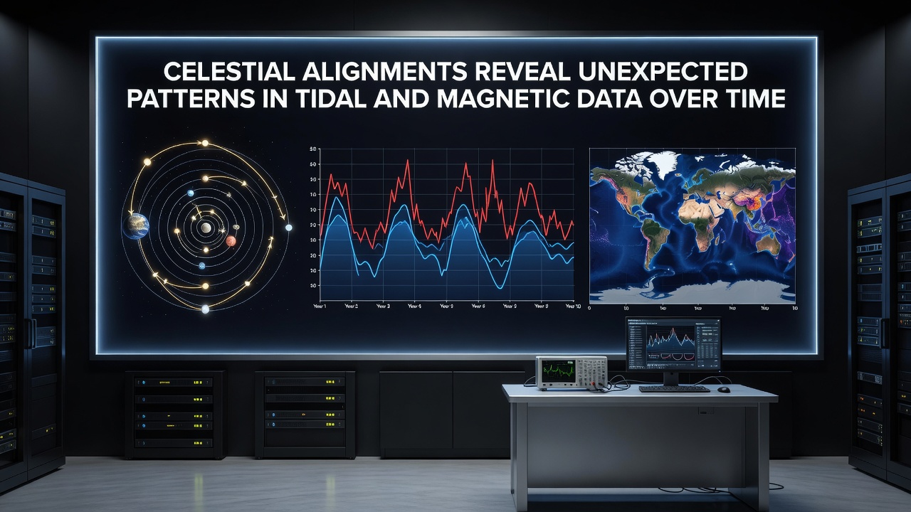 Graph overlaying historical tidal gauge readings with magnetic field strength measurements during documented planetary alignments from 1990 to 2025